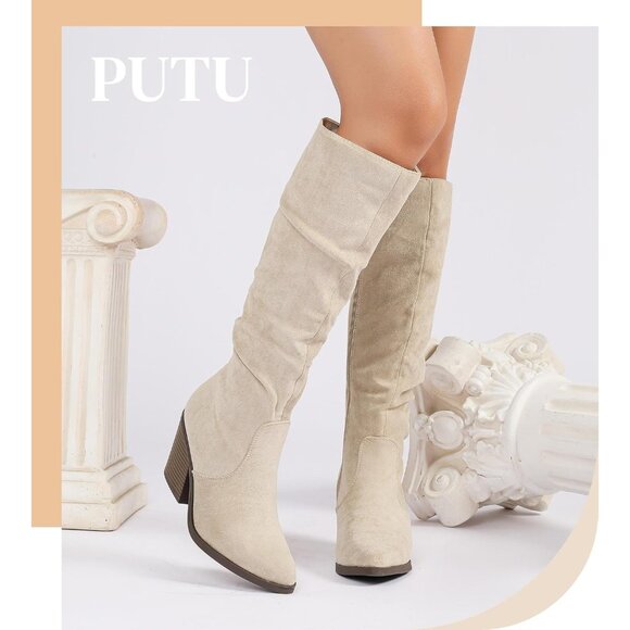 Women Knee High Faux Beige Suede Boot Stacked Chunky Heel Side Zipper Tall Boots - Picture 2 of 7